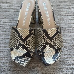 Stuart Weitzman Black and Cream Mules Sleek Snake Print